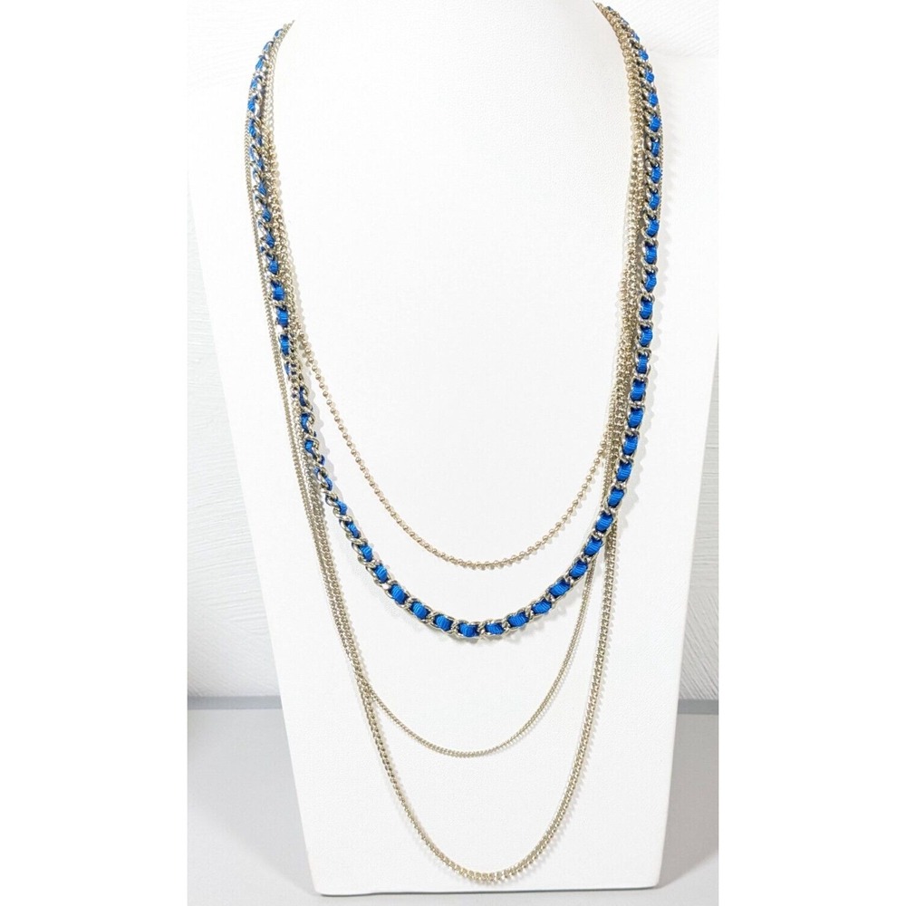 Liz Claiborne Gold‎ Tone Blue Ribbon Multi Chain Layered Necklace 22 in